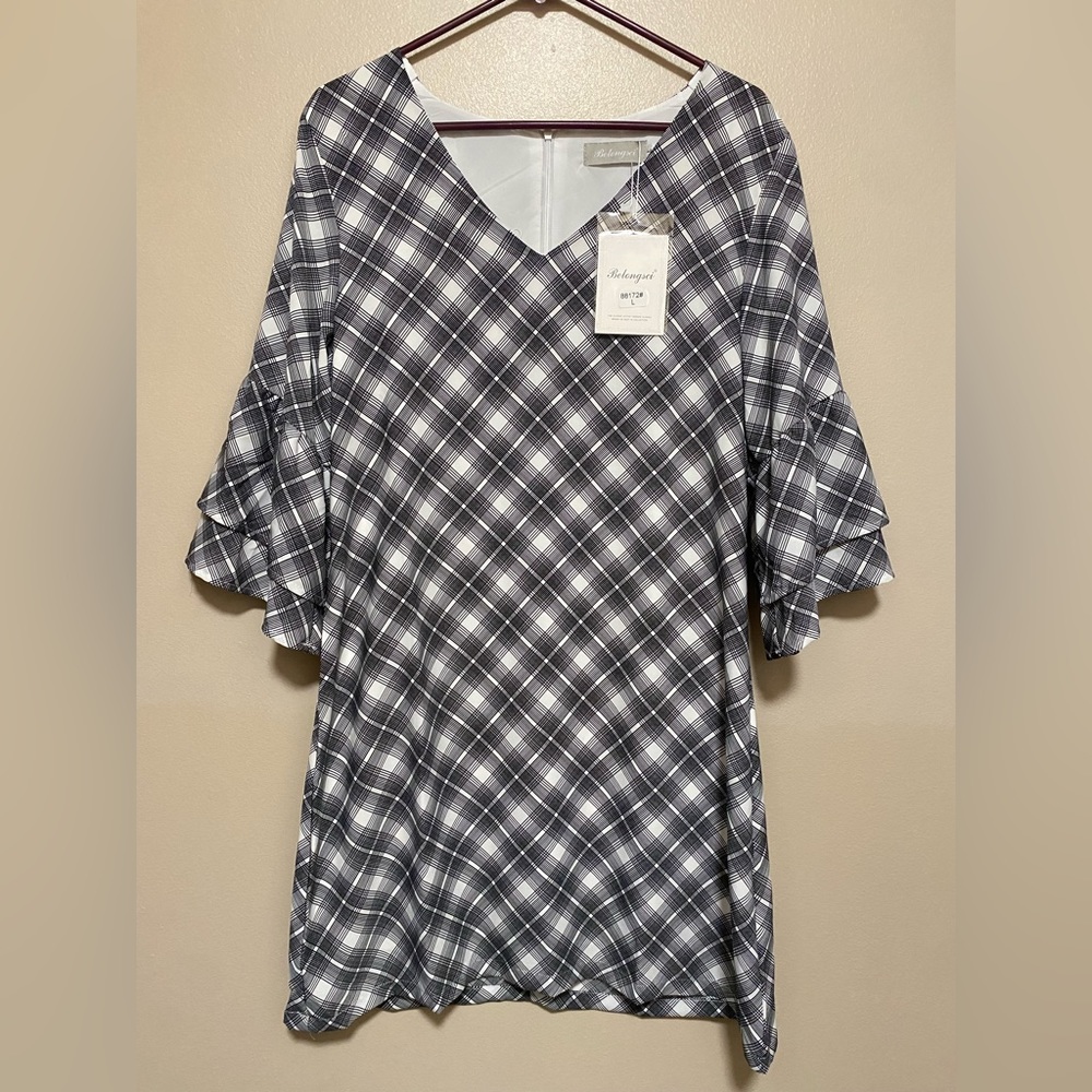 Belongsci Size Large Sweet and Cute V-Neck Plaid Summer Dress